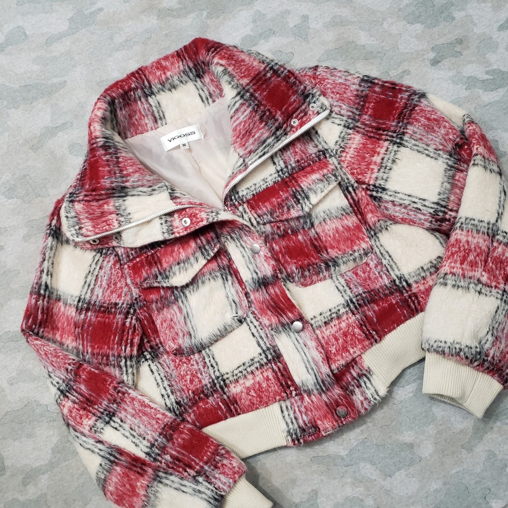 Vigoss Cropped Bomber Jacket Womens Medium Red Plaid Zip Up